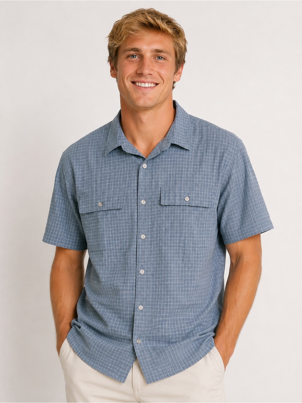 prAna Men’s Blue Plaid Short Sleeve Button Front Shirt Lightweight Size M